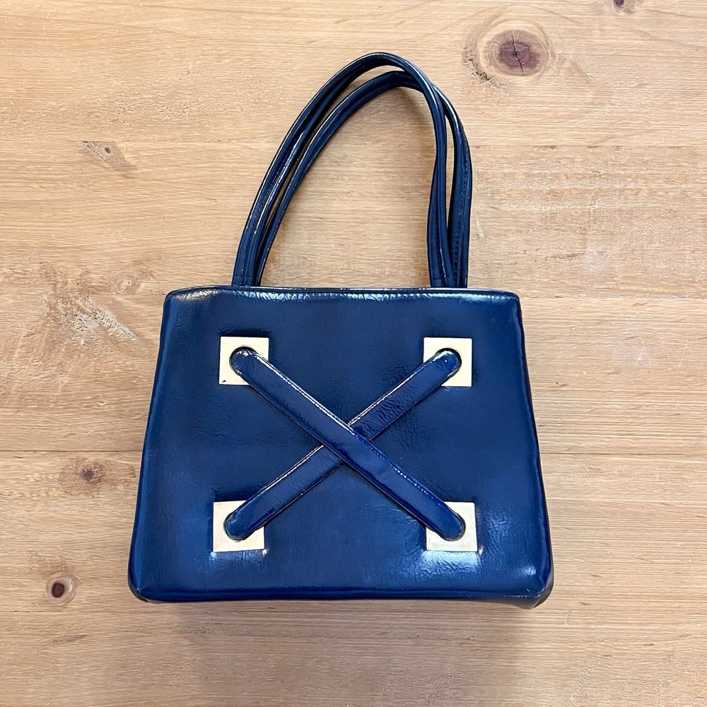 Vintage 1960s Mod Dover Navy Blue Patent Top Handle Frame Handbag Made in USA